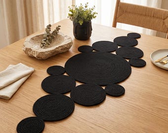 Black Cotton Rope Table Runner, Japandi Scandinavian Dining Decor, Modern Centerpiece, Minimalist Home Accent