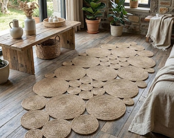 Dywan z juty szyty ręcznie, naturalny bieżnik w kształcie liścia, mata kuchenna w stylu boho, rustykalny dywanik przy łóżku