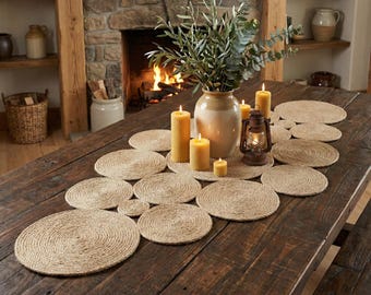 Ręcznie robiony bieżnik z juty, kształt kapsuły, dekoracja jadalni w stylu boho