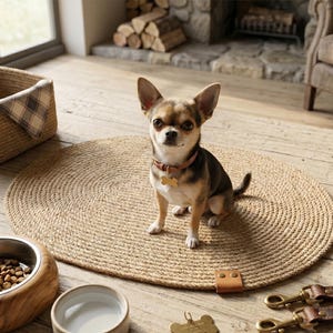 Handmade 100% natural jute dog bowl mat on a rustic light wood floor. This fringeless, hand-stitched placemat features a premium genuine leather tag and serves as a stylish, durable feeding station for dogs. The organic woven texture protects floors from food and water spills while providing a rustic, farmhouse aesthetic that blends seamlessly with modern pet home decor. Perfect for sustainable pet owners looking for functional and aesthetic dining solutions for their furry friends.
