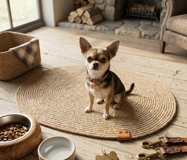 Handmade 100% natural jute dog bowl mat on a rustic light wood floor. This fringeless, hand-stitched placemat features a premium genuine leather tag and serves as a stylish, durable feeding station for dogs. The organic woven texture protects floors from food and water spills while providing a rustic, farmhouse aesthetic that blends seamlessly with modern pet home decor. Perfect for sustainable pet owners looking for functional and aesthetic dining solutions for their furry friends.