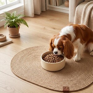 A spaniel eating from a bowl placed on a round jute pet feeding mat on a wooden floor, with a potted fern behind.