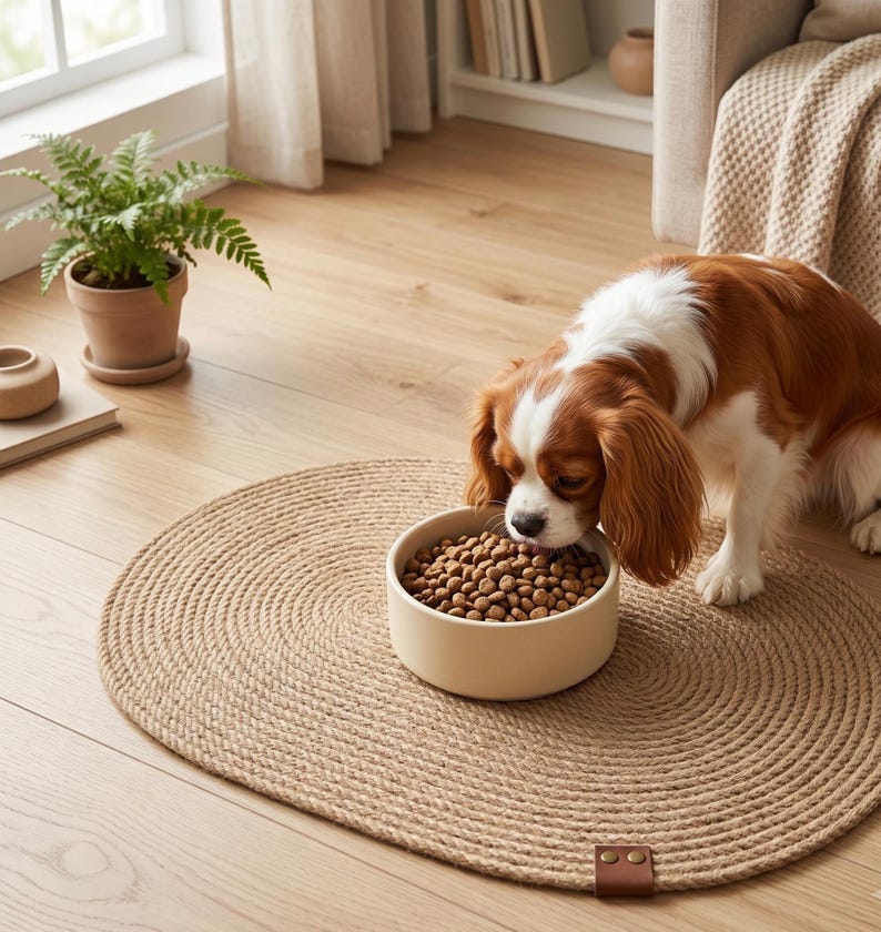 A spaniel eating from a bowl placed on a round jute pet feeding mat on a wooden floor, with a potted fern behind.