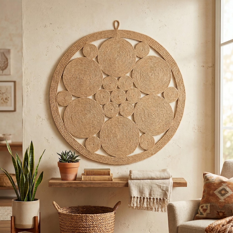 Round jute mandala wall hanging above a floating wood shelf with a terracotta pot, stacked books and a fringed linen throw beside a woven basket