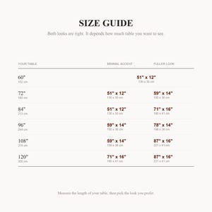 Size guide chart for the Long Jute Table Runner: find your table length, then choose a minimal accent or a fuller look. 5 sizes from 51" x 12" to 87" x 16". Both looks are right.