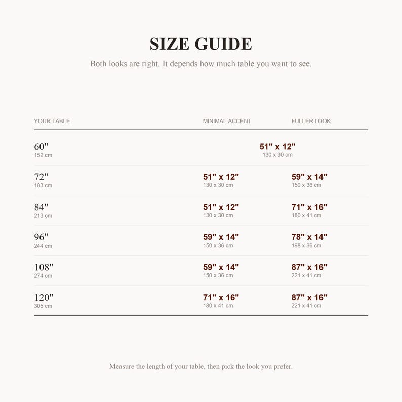 Size guide chart for the Long Jute Table Runner: find your table length, then choose a minimal accent or a fuller look. 5 sizes from 51" x 12" to 87" x 16". Both looks are right.