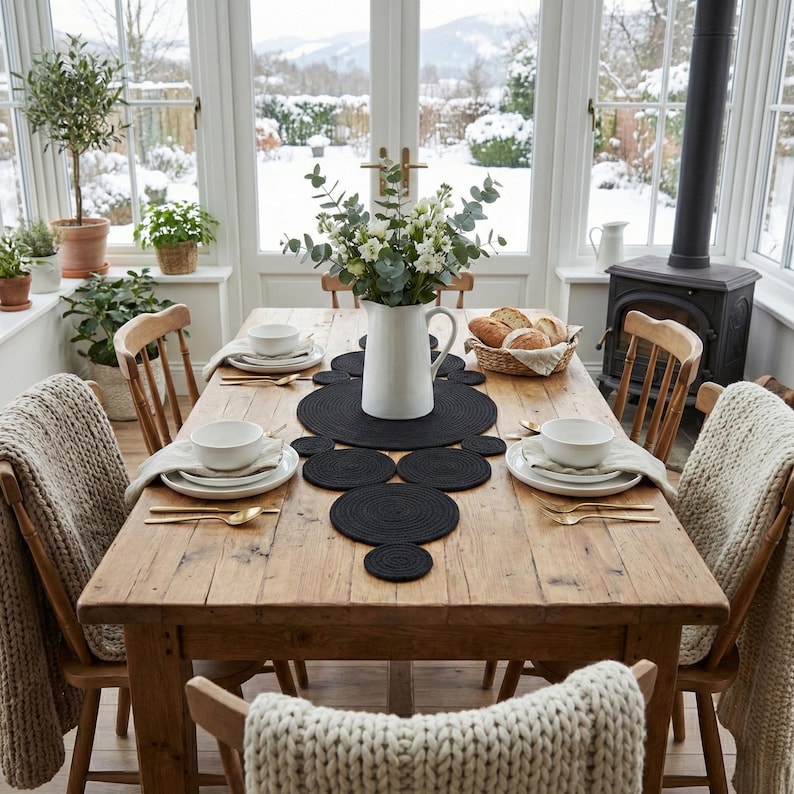May include:Cozy winter farmhouse dining table decorated with a striking black cotton table runner. The braided circular centerpiece creates an inviting atmosphere, complemented by white tableware, a white pitcher vase with fresh greenery, and a snowy window view.