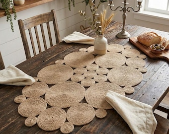 Szeroki jutowy element centralny stołu, owalna mata Eurold, rustykalny wystrój wiejski