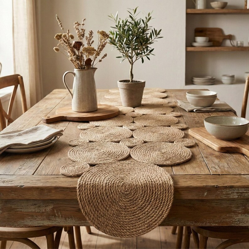 May include: A wooden dining table features a jute table runner and circular placemats. A ceramic jug with dried flowers, a small potted olive tree, and serving bowls create a natural, neutral-toned aesthetic. The table is set for dining.