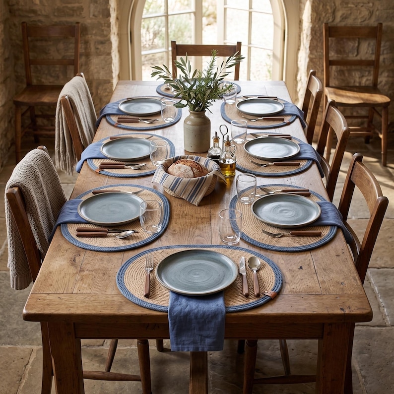 Long farmhouse table set for six with oval jute placemats with a blue stripe border, sage green plates, blue linen napkins and olive branches in a stoneware vase in a stone walled dining room