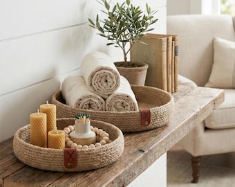 Ręcznie robiony zestaw tacek z juty, organizer w stylu boho rustykalnym, złoty brąz