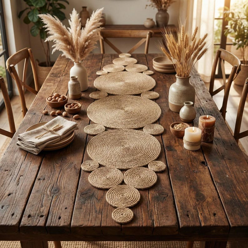 Reclaimed wood dining table set with a jute table runner of coiled discs tapering to a point, pampas grass in a cream vase, wheat stems, candles and stacked linen napkins in warm afternoon light