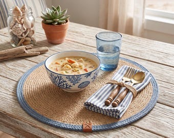 Round Jute Placemats Blue Stripe, Nautical Coastal Dining Decor, Boho Beach House Table Mats