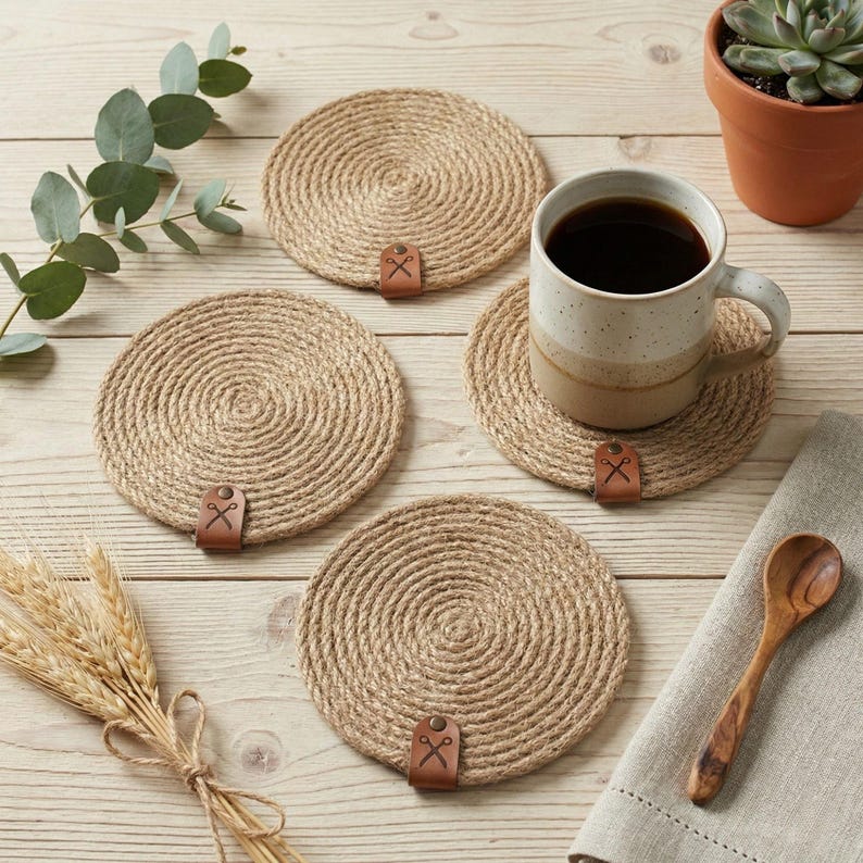 Four coiled jute coasters with faux leather tags on pale pine planks, with a eucalyptus sprig, a succulent in a terracotta pot, a bundle of wheat and a speckled mug of coffee beside a wooden spoon on linen