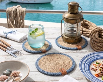 Nautical Jute Coasters Blue Trim, Candle Mat & Succulent Plant Pad, Coastal Boho Drink Set