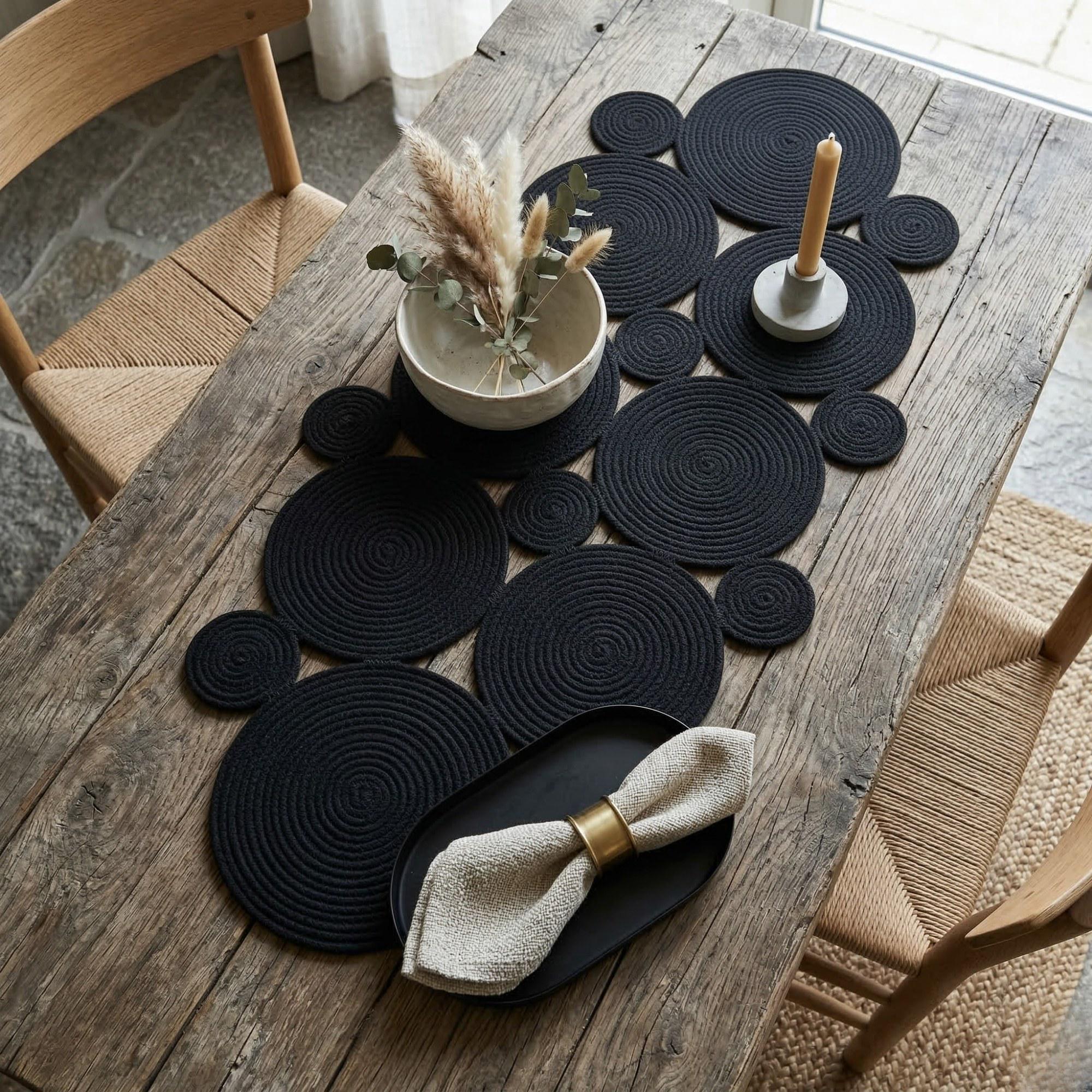 Black Cotton Rope Table Runner, Modern Farmhouse Dining Decor, Coiled ...