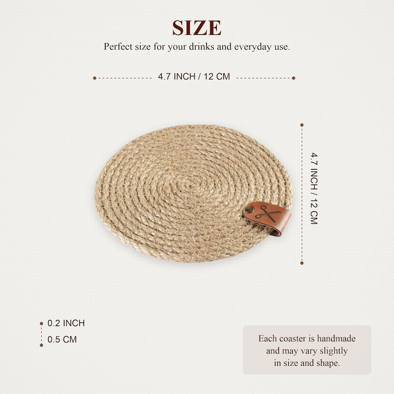 Size guide for the natural jute coaster with leather tag: 4.7 inches / 12 cm across and 0.2 inches / 0.5 cm thick.