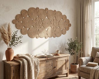 Jute Wandkunst, Natürlicher Wandbehang, Boho Mandala Seil Skulptur, Eklektische Bauernhausdekoration