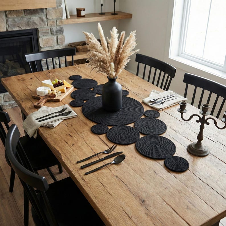 May include: Elegant rustic dining room setup featuring a handmade black cotton woven table runner. The centerpiece is styled with a sleek black vase holding pampas grass, matching black cutlery, and white ceramic plates on a warm, natural wood dining table.