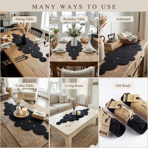 Six ways to use it. Black cotton rope table runner shown on a dining table, a breakfast table, a sideboard, a coffee table and a living room table, with the rolled kraft packaging. One piece, many places in the home.