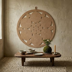Large jute wall art on a textured clay wall above a low wooden table with stoneware bowls, a kokedama moss plant and a beeswax candle