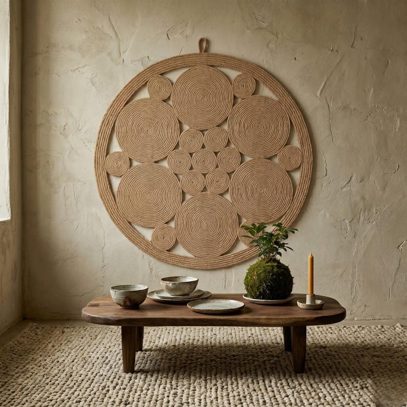 Large jute wall art on a textured clay wall above a low wooden table with stoneware bowls, a kokedama moss plant and a beeswax candle