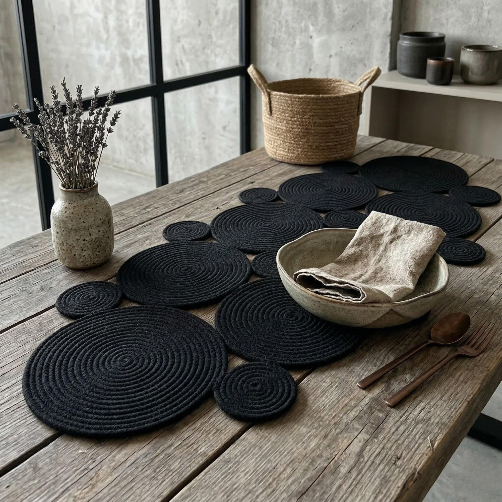 Black Cotton Rope Table Runner, Modern Farmhouse Dining Decor, Coiled ...