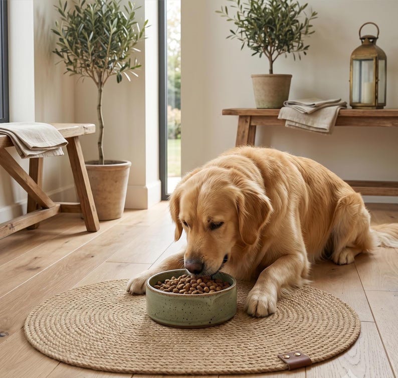 Handmade 100% natural jute dog bowl mat on a rustic light wood floor. This fringeless, hand-stitched placemat features a premium genuine leather tag and serves as a stylish, durable feeding station for dogs. The organic woven texture protects floors from food and water spills while providing a rustic, farmhouse aesthetic that blends seamlessly with modern pet home decor. Perfect for sustainable pet owners looking for functional and aesthetic dining solutions for their furry friends.