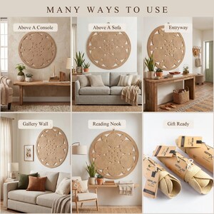 Six ways to use it. Large round jute wall art shown above a console, above a sofa, in an entryway, on a gallery wall, in a reading nook, and rolled in kraft paper ready to gift. One piece, many places in the home.