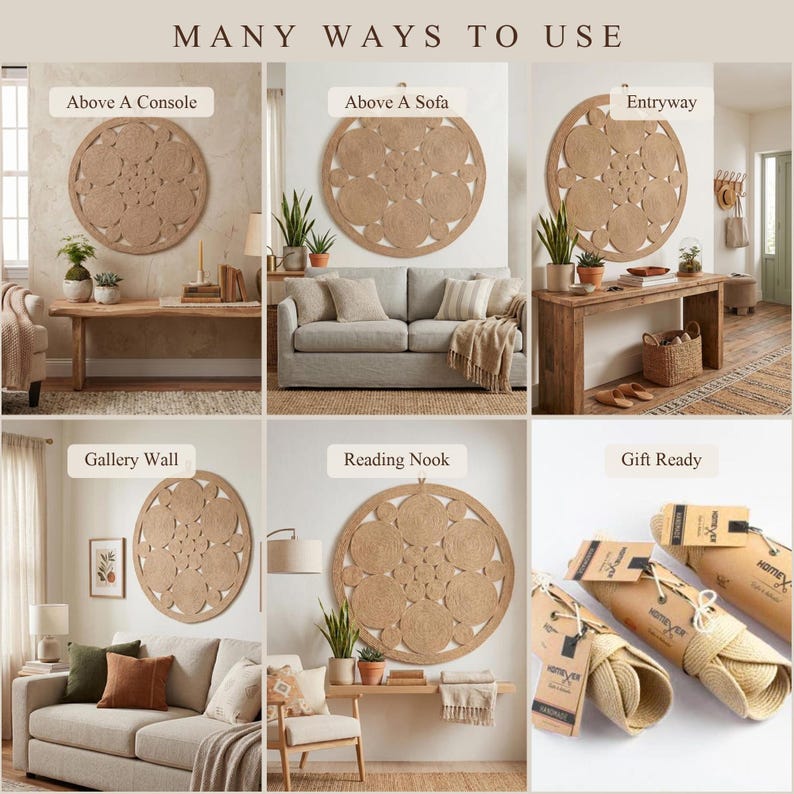 Six ways to use it. Large round jute wall art shown above a console, above a sofa, in an entryway, on a gallery wall, in a reading nook, and rolled in kraft paper ready to gift. One piece, many places in the home.