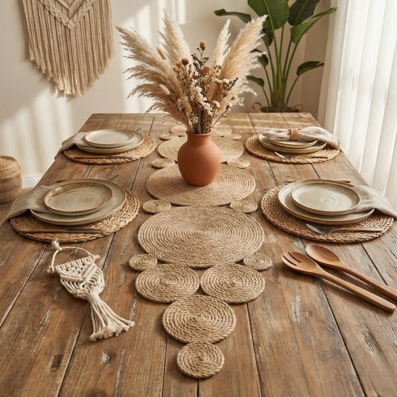 Overhead view of a farmhouse table with a jute coil runner, a terracotta vase of dried flowers, four woven placemats and stoneware plates