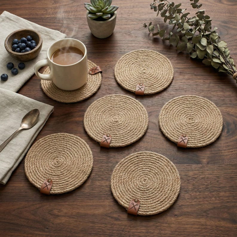 Six coiled jute coasters with faux leather tags on a dark walnut table, with a milky coffee in a cream mug, a bowl of blueberries, a succulent in a grey pot, a eucalyptus branch and a silver spoon on linen