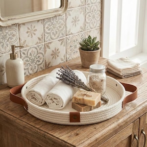 Op de afbeelding: Een wit touw dienblad met bruine leren handvatten bevat opgerolde witte handdoeken, zeep, lavendel en badzout. Een kleine succulent in een pot en een zeepdispenser zijn ook zichtbaar.