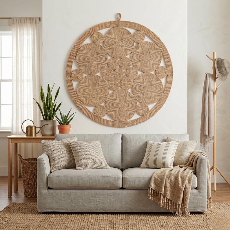 Round jute wall art above a light grey linen sofa with woven cushions and a fringed throw, a snake plant and wooden coat stand on a jute rug