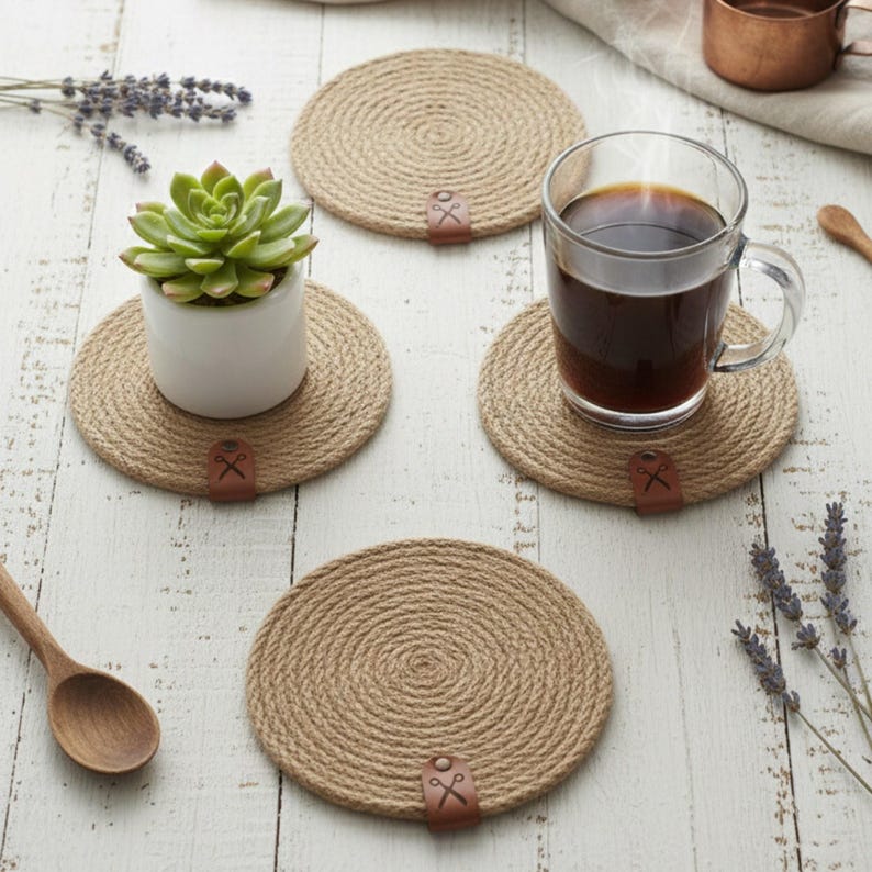 Four coiled jute coasters with faux leather tags on whitewashed planks, with a glass mug of black coffee, a succulent in a white pot, scattered lavender sprigs, copper measuring cups and a wooden spoon