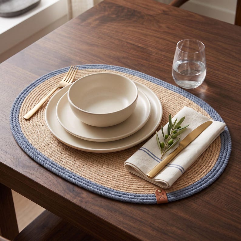 Single denim blue striped oval jute placemat with a plate and napkin, showing the woven natural fiber weave.