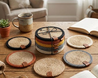 Set of 6 Jute Coasters, Mixed Earth Tones, Boho Mustard Terracotta Grey Decor