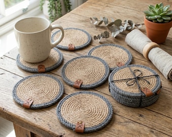 Oversized Jute Coasters, Grey Trim, Handmade Fringeless Drink Mats, Modern Farmhouse Boho Home Decor