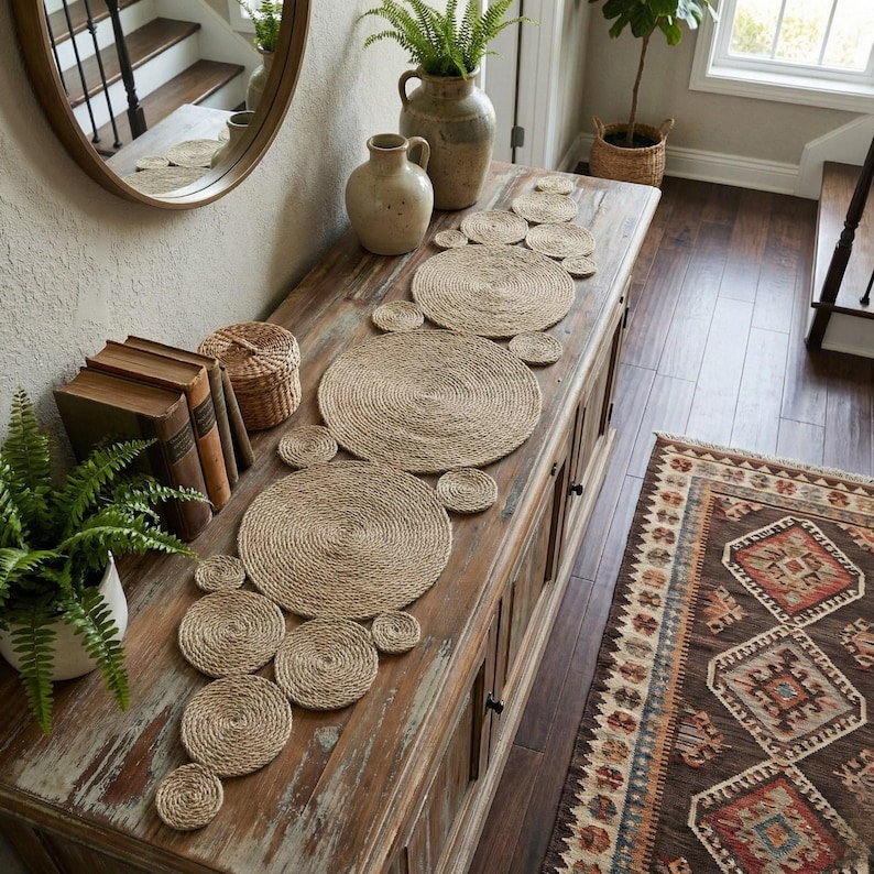 Weathered console table in an entryway styled with a jute disc runner, stacked antique books, a fern and a stoneware pitcher, with a patterned kilim rug on the floor