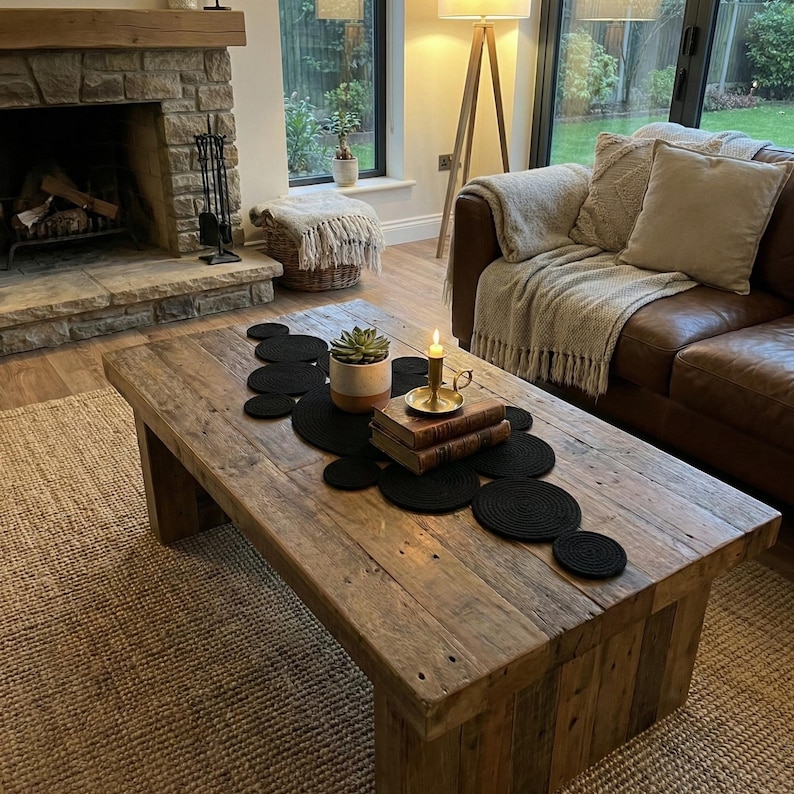 May include: Moody and elegant modern rustic living room setup. A handcrafted black cotton runner with circular motifs rests on a dark reclaimed wood coffee table. The scene includes a rich brown leather sofa, warm candlelight, and a stone fireplace in the background.