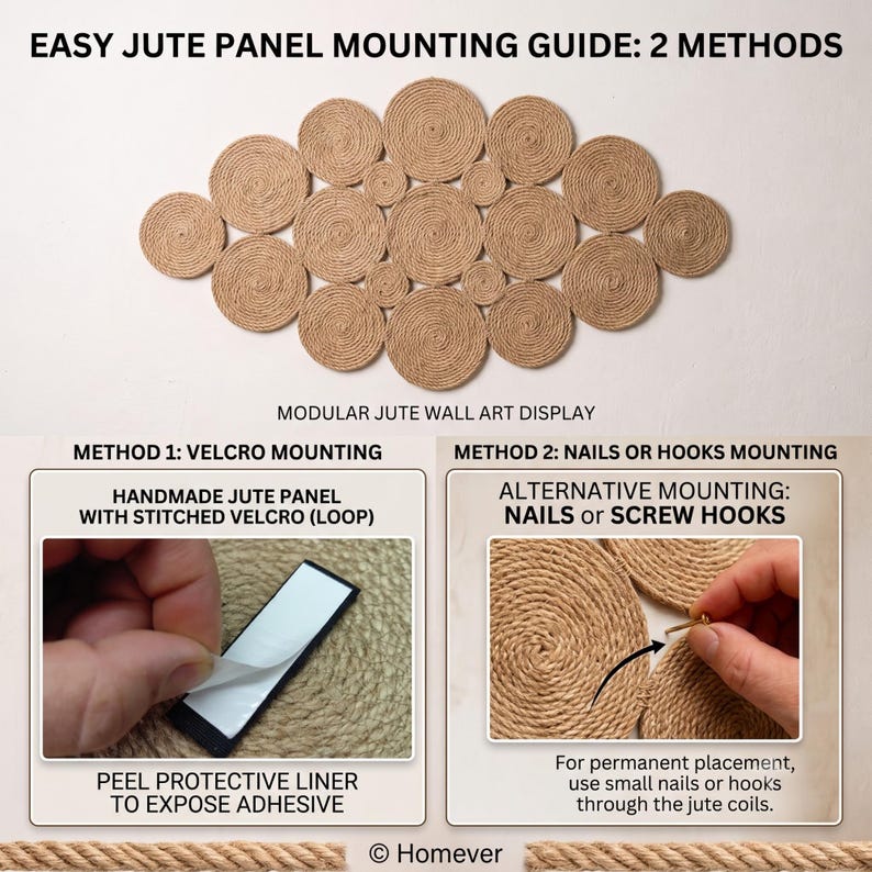 Mounting guide for the modular jute wall panel showing two methods, stitched velcro loop with peel off adhesive backing, or small nails and screw hooks placed through the jute coils