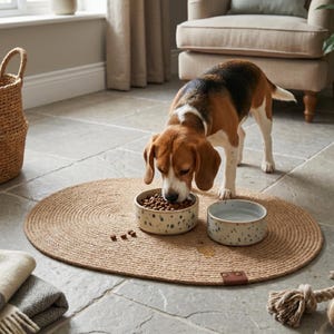 Handmade 100% natural jute dog bowl mat on a rustic light wood floor. This fringeless, hand-stitched placemat features a premium genuine leather tag and serves as a stylish, durable feeding station for dogs. The organic woven texture protects floors from food and water spills while providing a rustic, farmhouse aesthetic that blends seamlessly with modern pet home decor. Perfect for sustainable pet owners looking for functional and aesthetic dining solutions for their furry friends.
