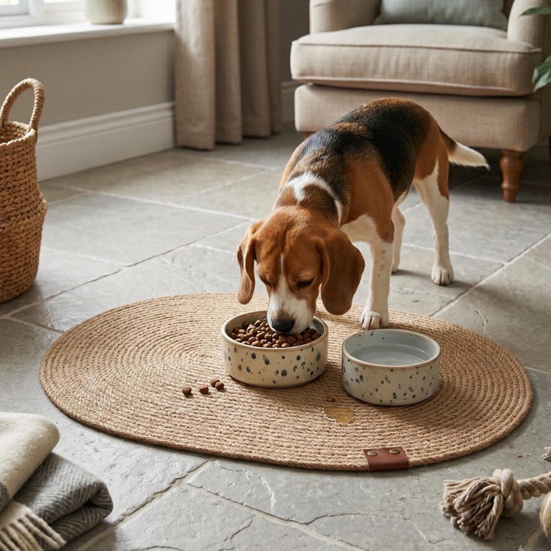 Handmade 100% natural jute dog bowl mat on a rustic light wood floor. This fringeless, hand-stitched placemat features a premium genuine leather tag and serves as a stylish, durable feeding station for dogs. The organic woven texture protects floors from food and water spills while providing a rustic, farmhouse aesthetic that blends seamlessly with modern pet home decor. Perfect for sustainable pet owners looking for functional and aesthetic dining solutions for their furry friends.