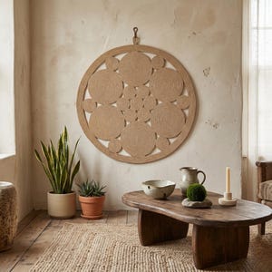 Jute wall hanging on an aged plaster wall above a rustic curved coffee table with a stoneware bowl, pitcher, moss ball and candle, snake plant beside