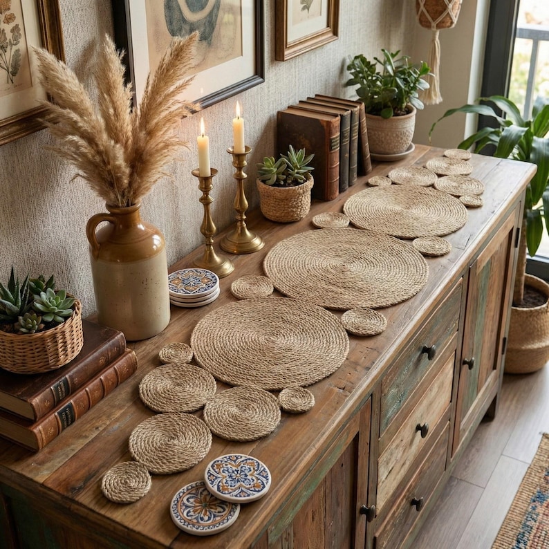 Reclaimed wood sideboard styled with a jute disc runner, brass candlesticks, a stoneware jug of pampas, succulents and antique books