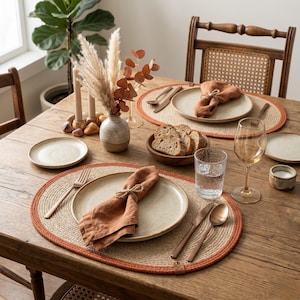 May include: A dining table set for a meal, featuring woven placemats with orange trim, plates, and copper cutlery. There are glasses, bread, and a vase of dried flowers. The napkins are tied with twine, creating a warm, inviting atmosphere.