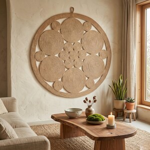 Round jute mandala on a warm plaster wall above an organic shaped wood coffee table with a stoneware bowl, moss ball and a lit candle