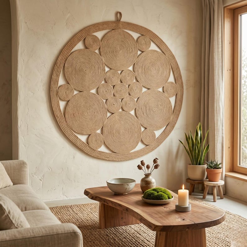 Round jute mandala on a warm plaster wall above an organic shaped wood coffee table with a stoneware bowl, moss ball and a lit candle