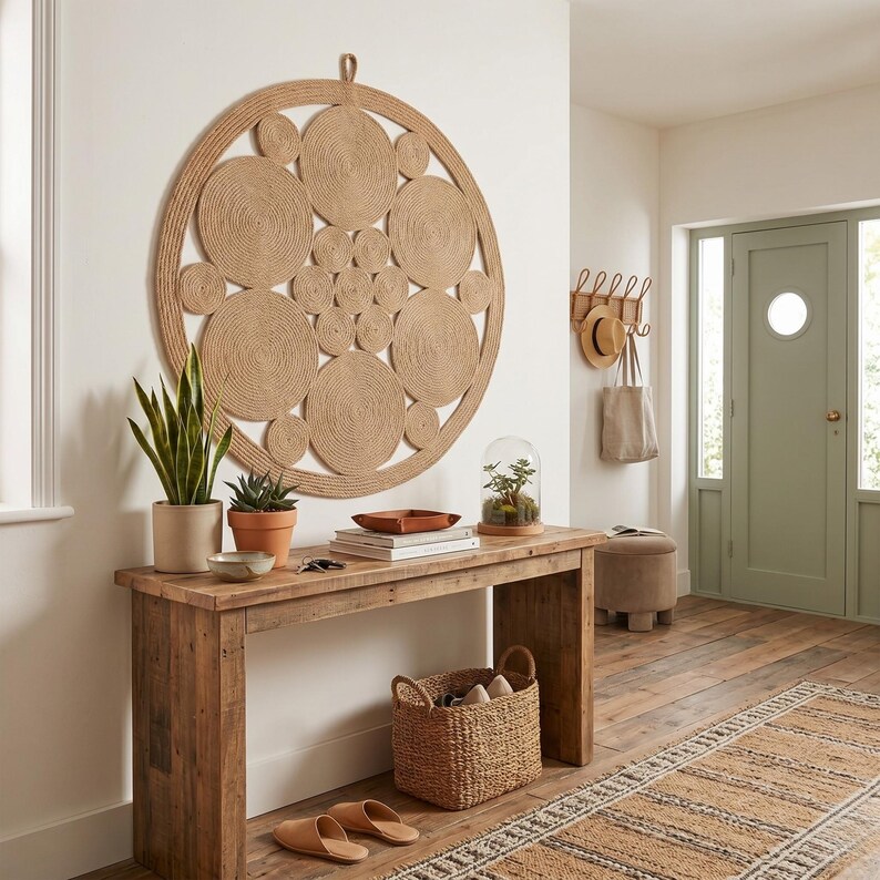 Large jute wall hanging in a hallway above a reclaimed wood console, with snake plants, a glass cloche, a woven basket of shoes and a sage green front door