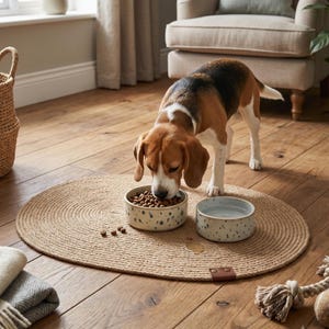 Handmade 100% natural jute dog bowl mat on a rustic light wood floor. This fringeless, hand-stitched placemat features a premium genuine leather tag and serves as a stylish, durable feeding station for dogs. The organic woven texture protects floors from food and water spills while providing a rustic, farmhouse aesthetic that blends seamlessly with modern pet home decor. Perfect for sustainable pet owners looking for functional and aesthetic dining solutions for their furry friends.